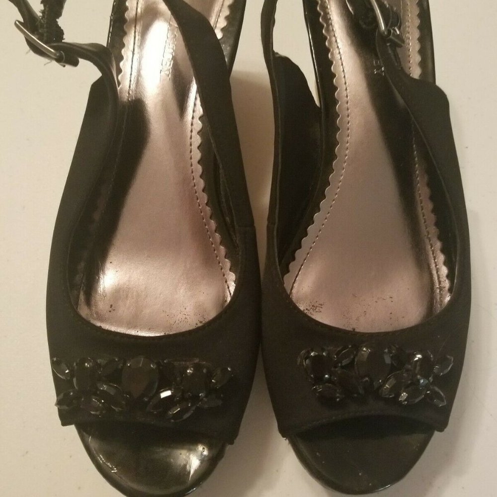 8.5 Laura Ashley Wedges Black Cork Embellishments